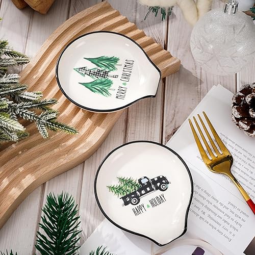 Miniatura 5 de Whaline Juego de 2 cucharas de Navidad con diseño de acuarela, a cuadros, árbol de Navidad, camión, soporte para cucharas de cerámica, platos para