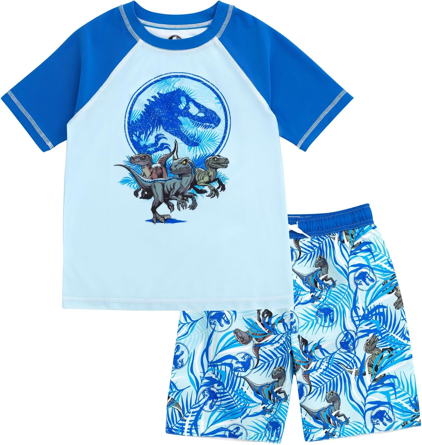Jurassic World Dinosaur UPF 50+ Rash Guard and Swim Trunks Outfit Set Little Kid to Big Kid Sizes (4-14-16) 7-8 Blue