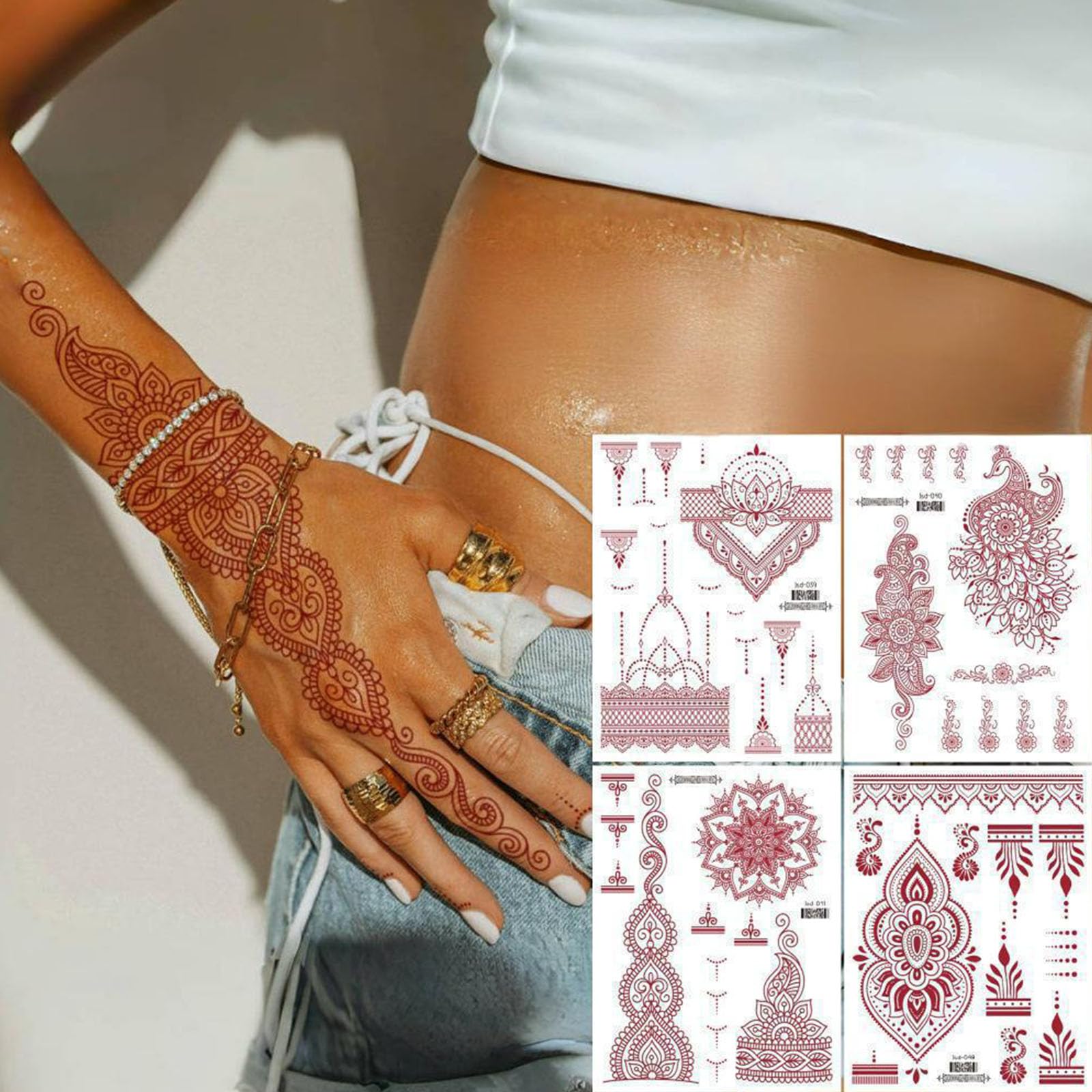 Brick Red Floral Mandala Temporary Tattoo Stickers Set, 12PCS Waterproof Transferable Art for Women Ideal for Arms Neck - Image 4