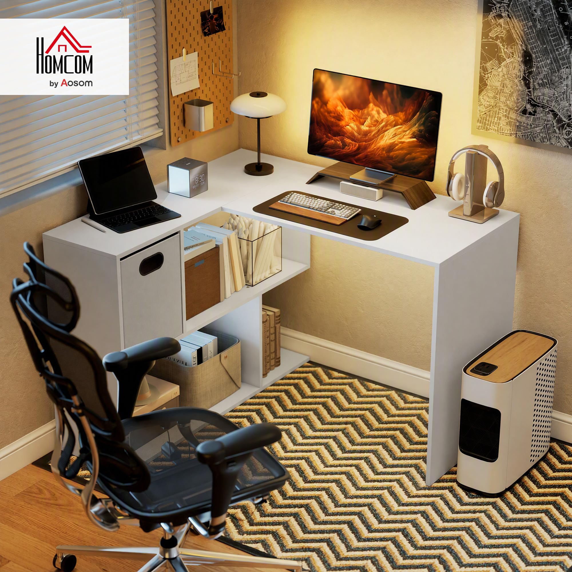 HOMCOM Bureau d'angle Forme L avec Tiroir en Tissu 110 x 100 x 75 cm Blanc