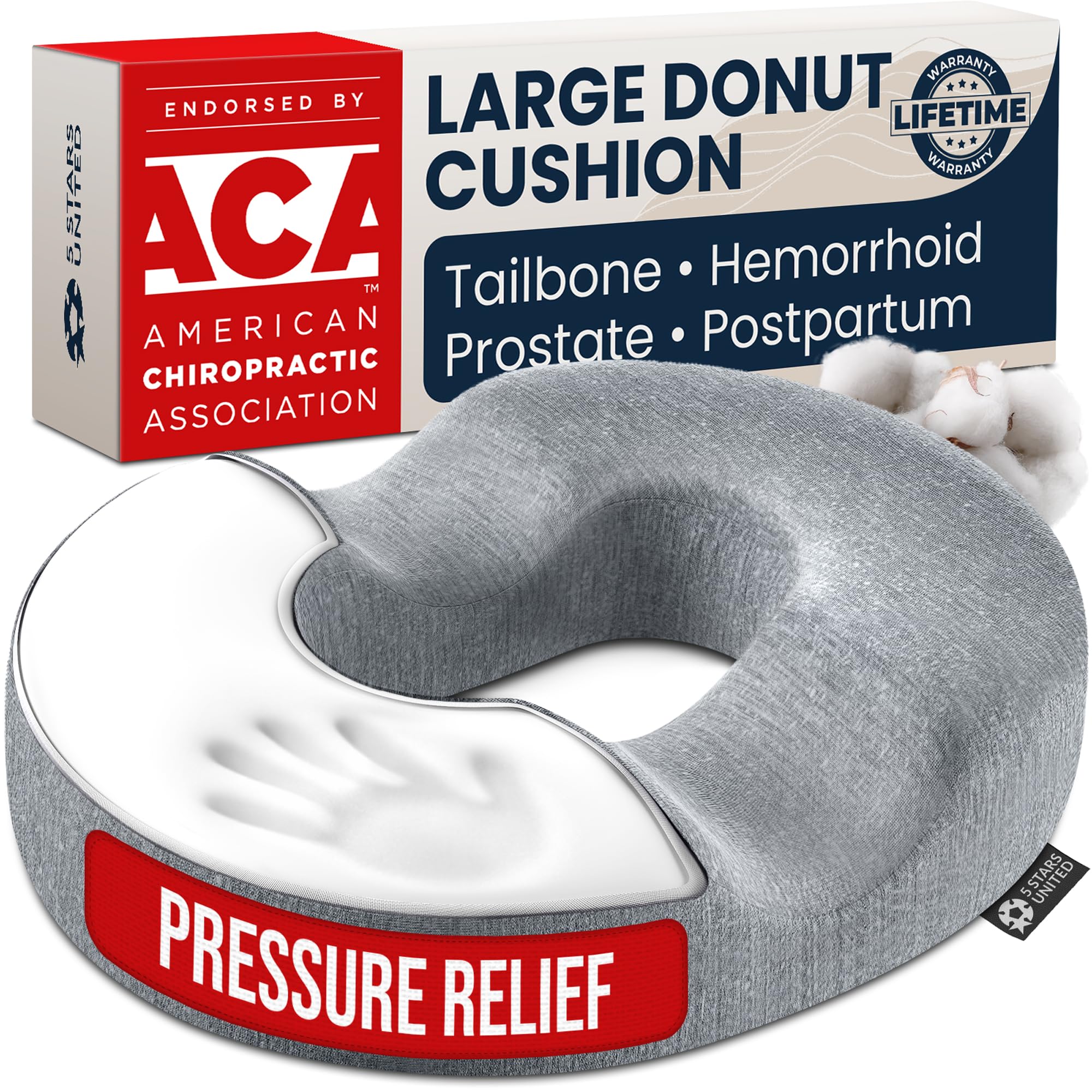 5 STARS UNITED Donut Pillow for Tailbone Pain &amp; Hemorrhoids – Large Memory Foam Seat Cushion for Bed Sore-Prone Areas &amp; Pressure Relief – Prostate, Postpartum &amp; Pregnancy Support, Gray Cotton Cover