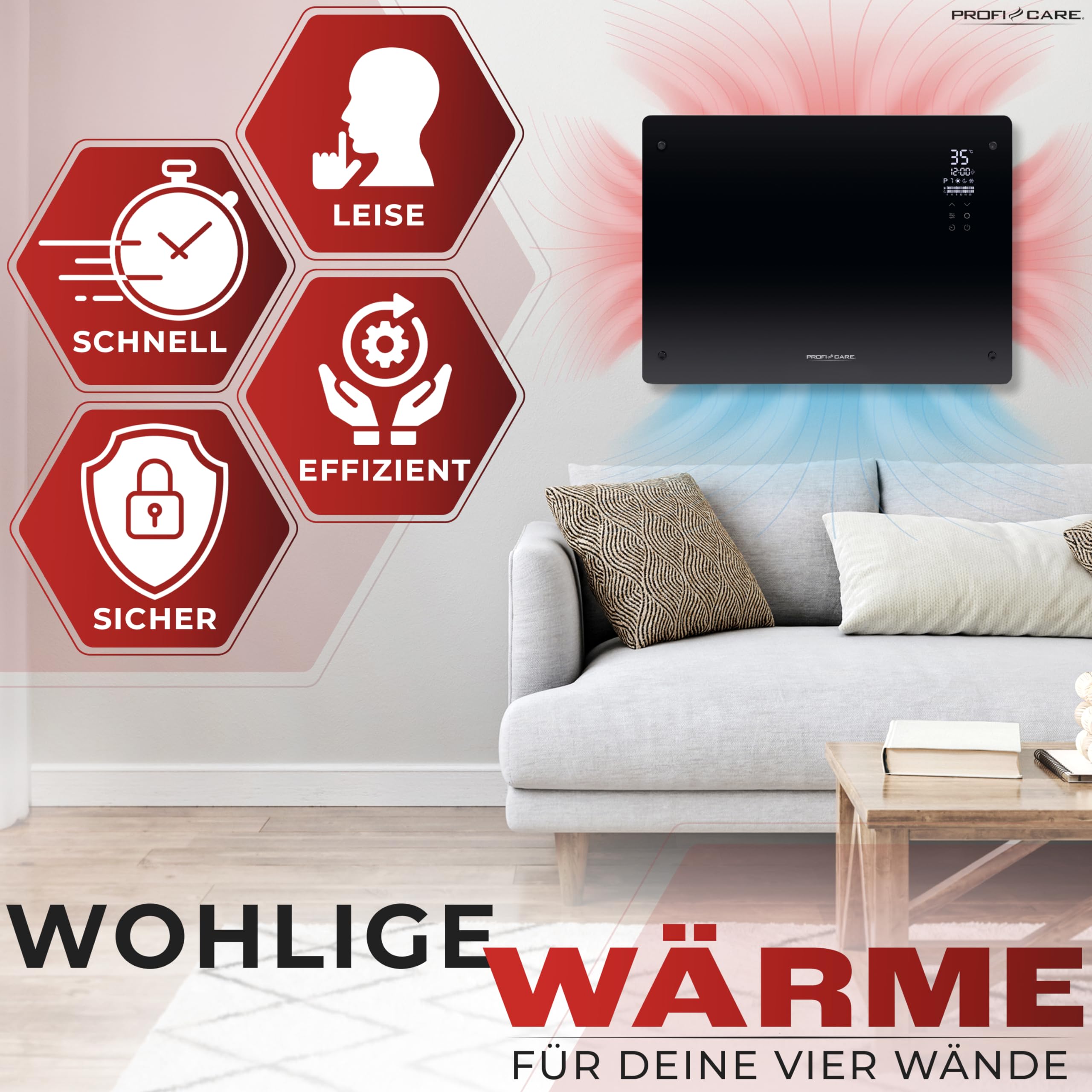 ProfiCare® Grzejnik elektryczny ze szklanym frontem i elementem grzejnym X-Shape | mobilny grzejnik nadaje się również do montażu na ścianie | ogrzewanie konwektorowe z 2 stopniami ogrzewania |