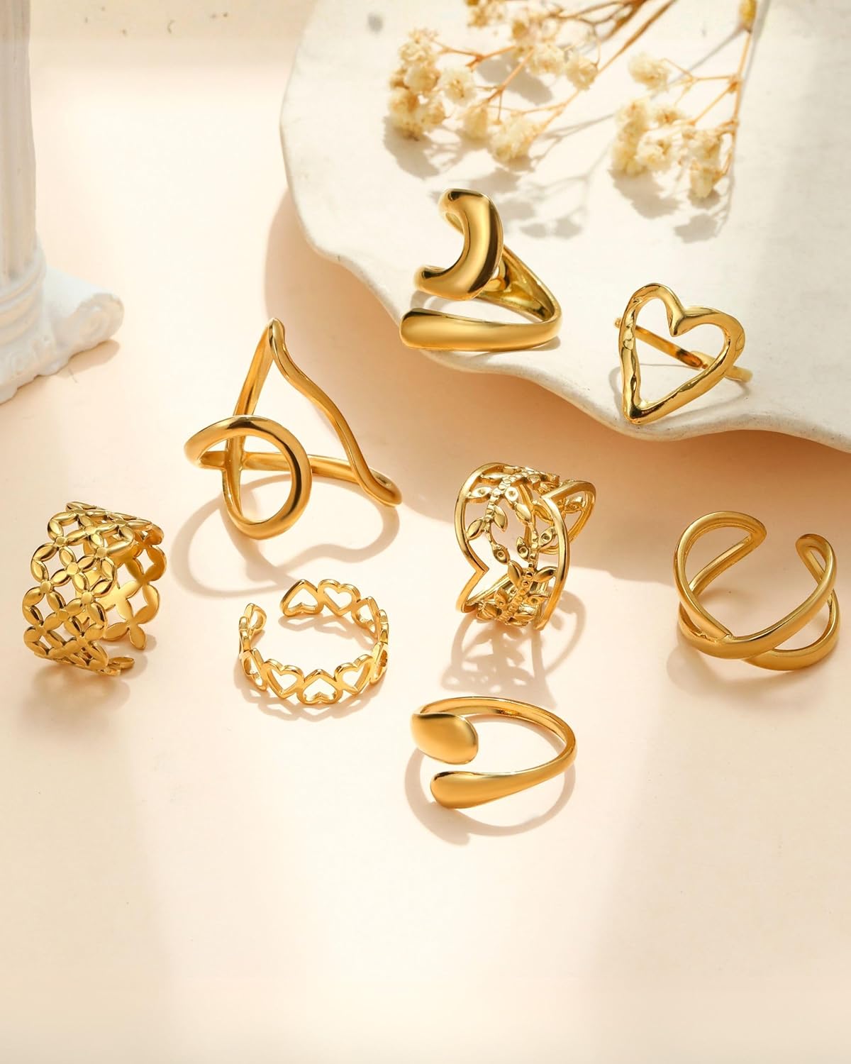 YeGieonr Gold Rings for Women Non Tarnish, Stackable Adjustable Open Ring Set, 8 Pcs Dainty Stainless Steel Gold Plated & Silver Plated Jewelry Gift - Image 4