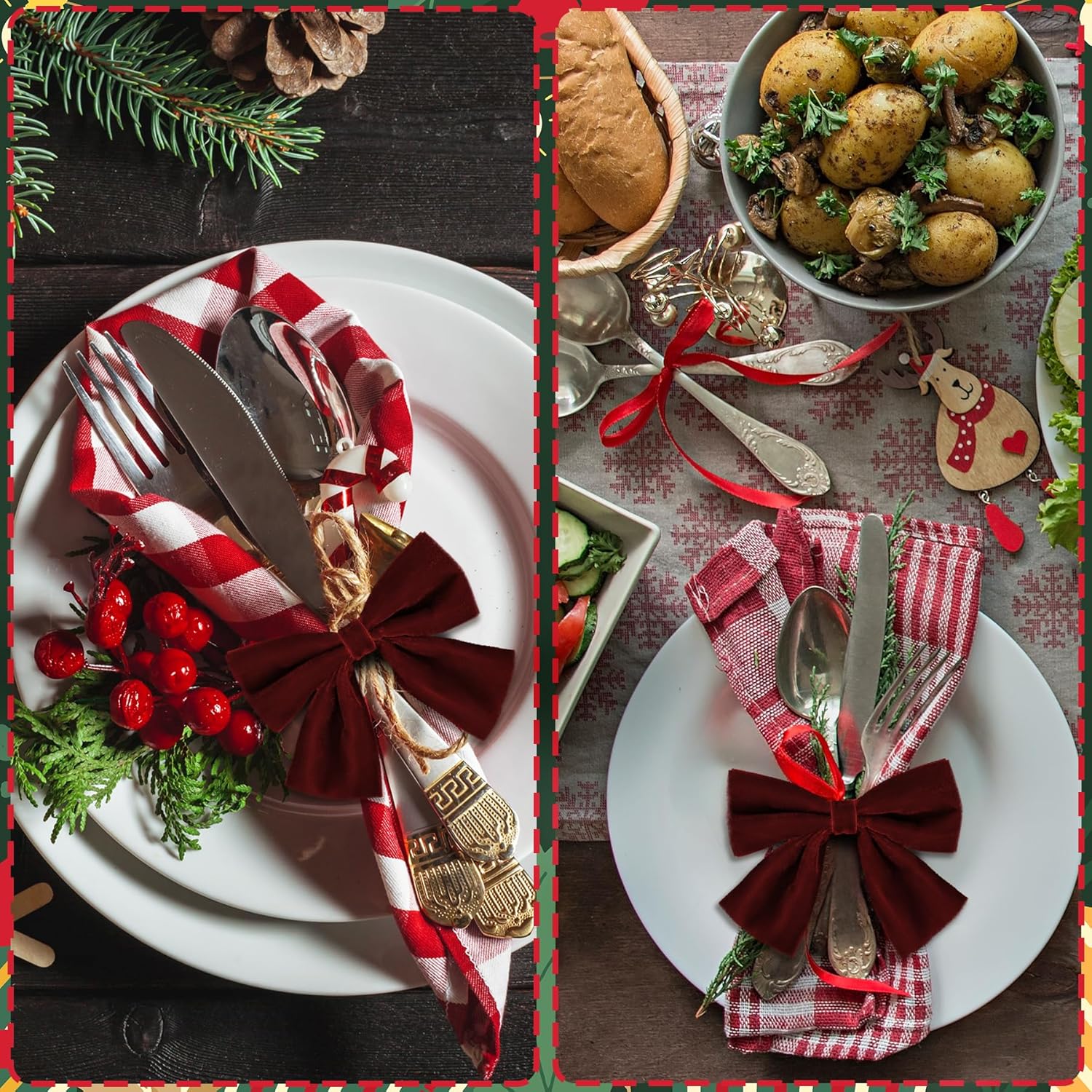 12 Pcs Burgundy Christmas Bow Napkin Rings,Chic Xmas Velvet Napkin Ring Holders for Holiday Serviette Birthday Anniversary Party Dinner Wedding Dining Tableware Decoration