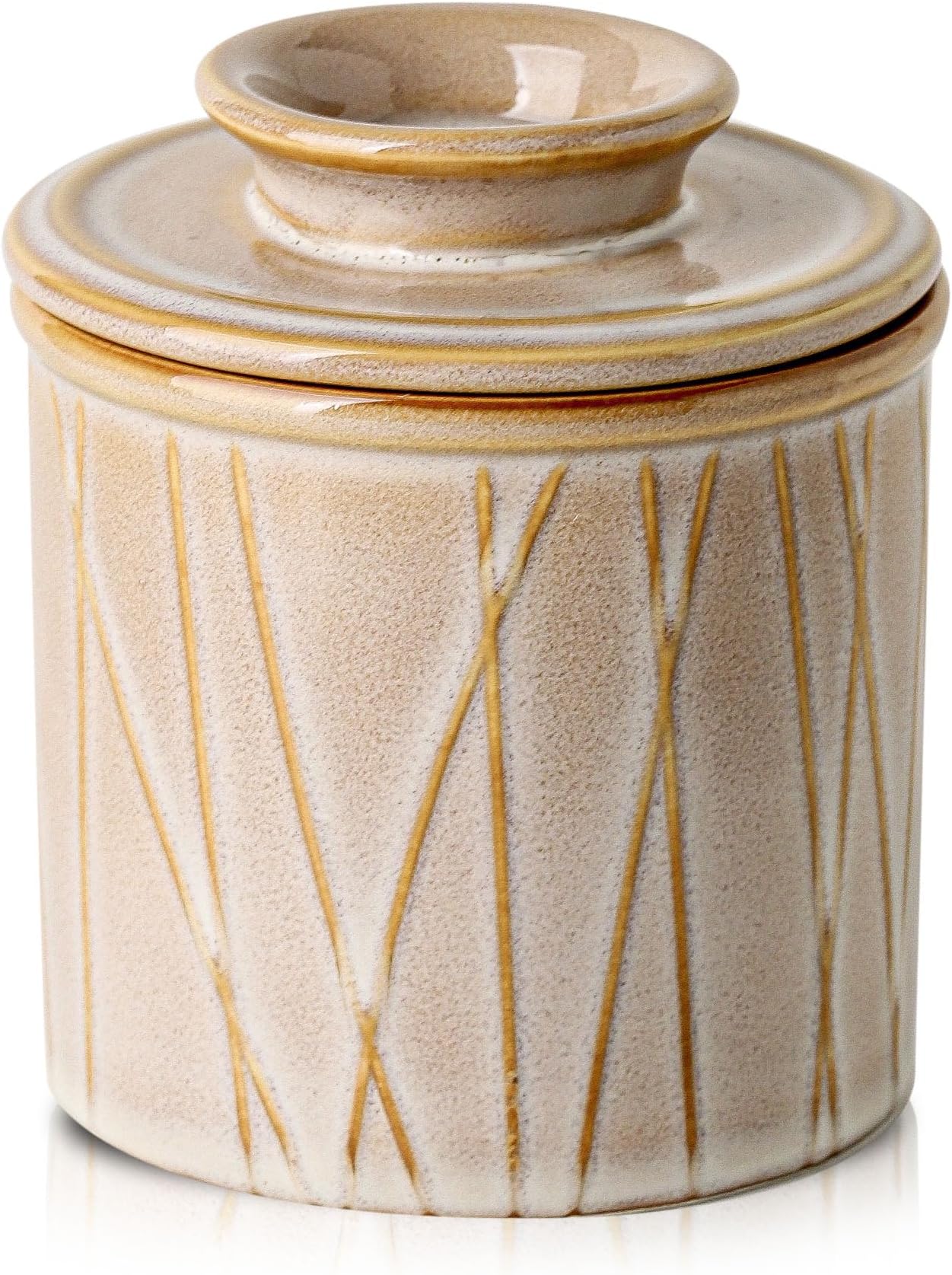 HVH Ceramic Butter Crock with Water Line, French Butter Dish with Lid for Countertop, Butter Keeper for Counter, Butter Holder for Soft Butter, Irregular Striped (Sand Color, 4x4)