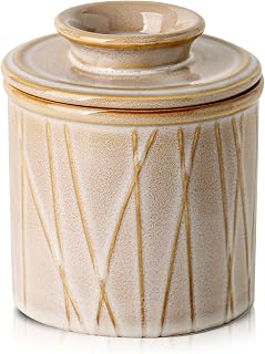 Ceramic Butter Crock with Water Line, French Butter Dish with Lid for Countertop, Butter Keeper for Counter, Butter Holder for Soft Butter, Irregular Striped (Sand Color, 4x4)