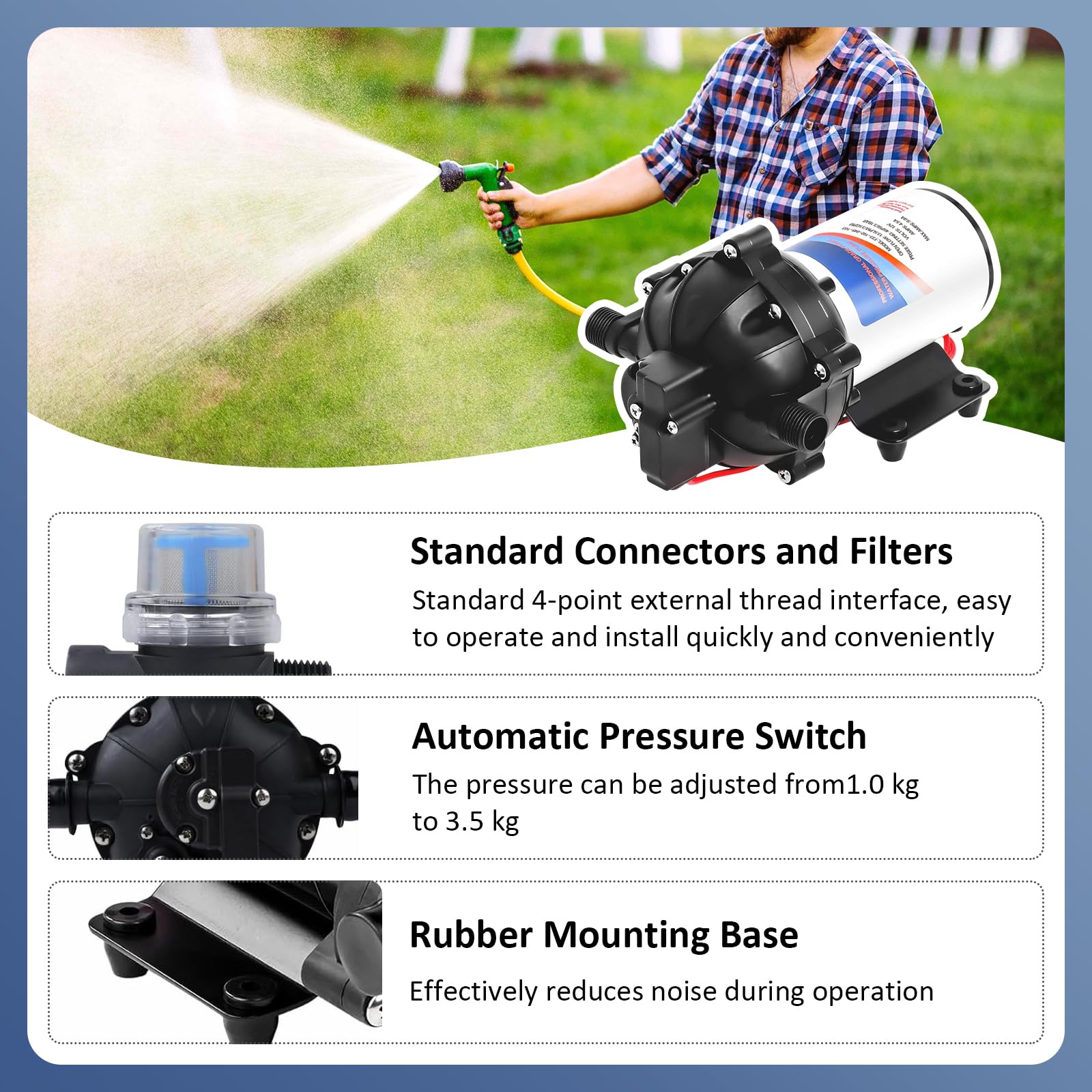 Wasserpumpe 12V DC Membranpumpe 3,1 Bar (45 PSI) Selbstansaugend Druckpumpe mit Druckschalter, 11,6 L/min 3.06 GPM Druckwasserpumpe, RV Wasserpumpe für Wohnwagen, Yacht, Camper, Garten