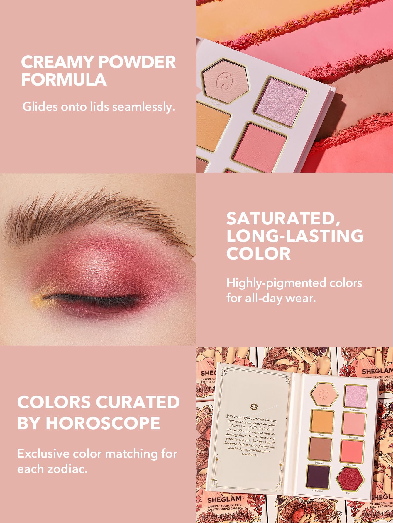 SHEGLAM Glitter Metallic Eyeshadow Palette 8-Color High Pigment Pink Green Blue Long Wearing Horoscope Collection Eye Shadow Palette -: Caring Cancer