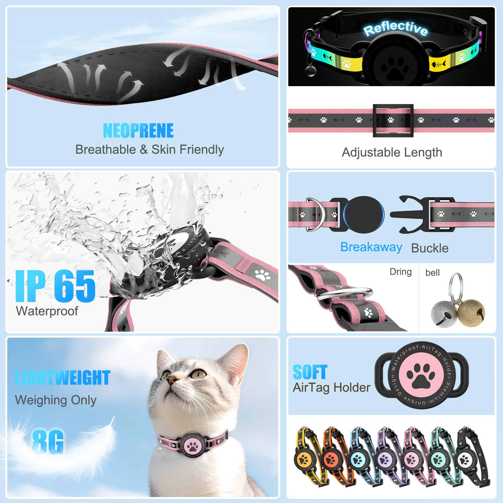 Airtag - Collar de gato Breakaway, collar reflectante para gatito con soporte para Apple Air Tag y campana, acolchado cómodo, ajustable, duradero, se adapta a gatos y niñas (rosa, XS)
