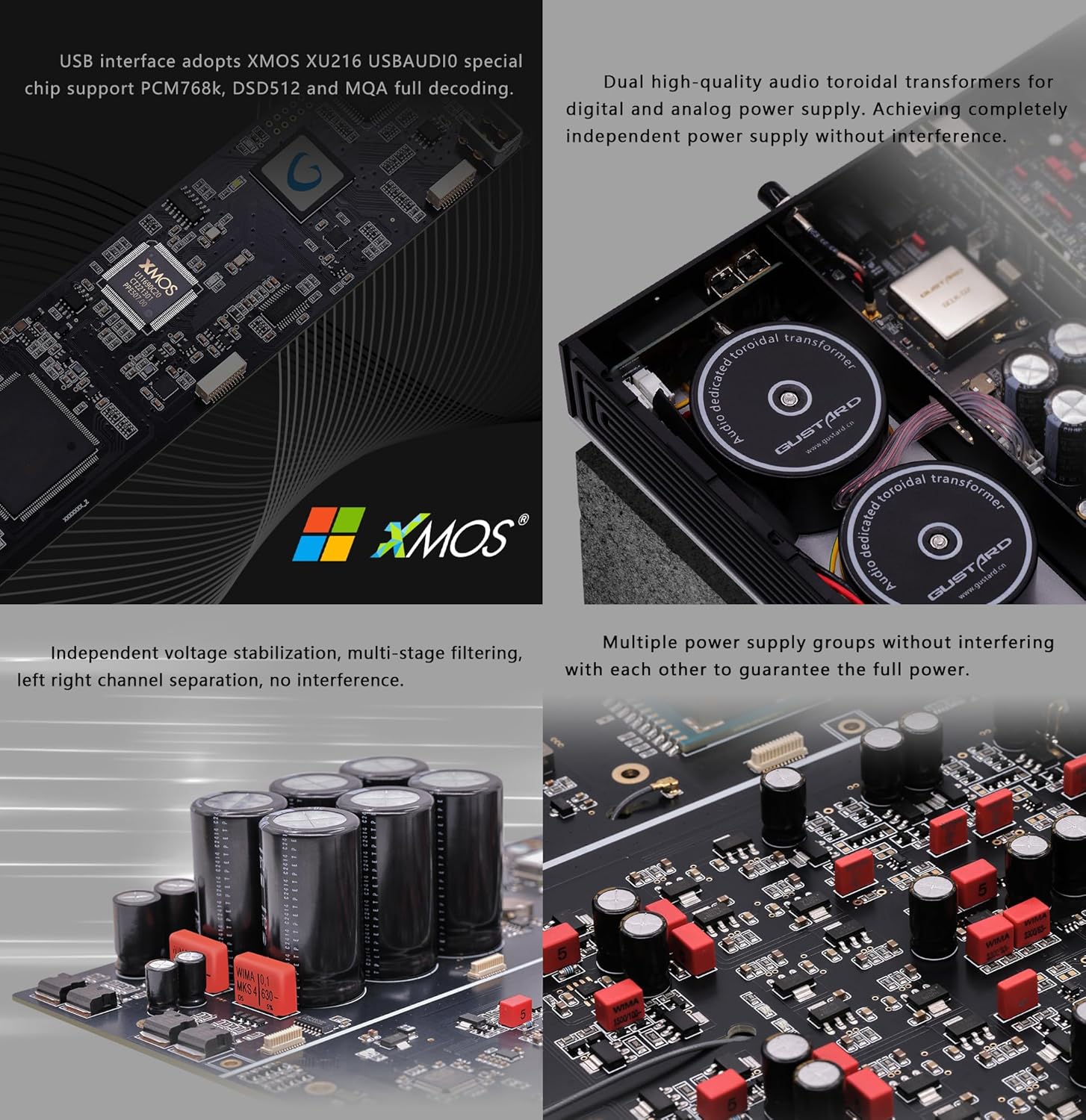 Innri view showing USB interface, toroidal transformers, and power supply groups.