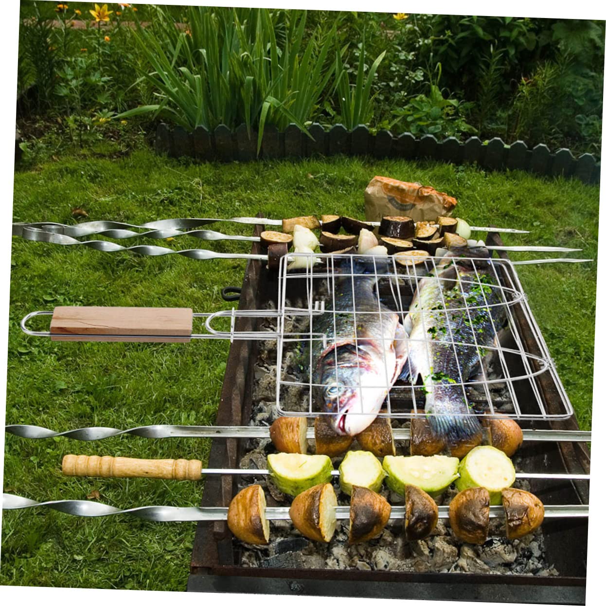 HANABASS 2pezzi Reti Per Barbecue in Inox Cestini Per Grigliate Utensili Per Grigliare Pesce Con Manico Ergonomico Facile Da Pulire Per Barbecue All Aperto e Picnic