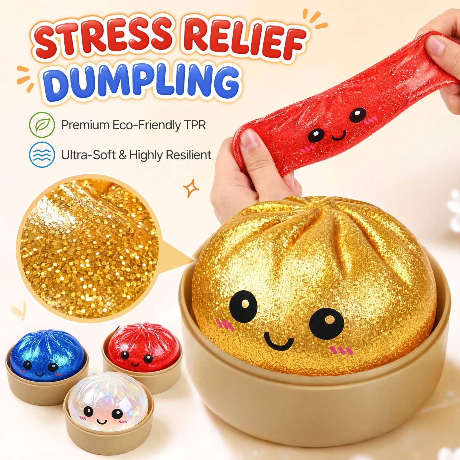 4 Stück Dumpling Squishy Mystery, Glitter Dumpling Squishy Mystery | Glitter Dumpling Squishy Mystery für Anti Stress Spielzeug, Dumplings Squishys XXL Mit Freunden