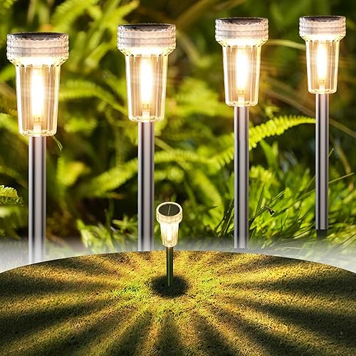Miniatura 1 de DERAYSION Luces solares para exteriores, paquete de 8 luces solares impermeables para jardín, poste de acero inoxidable con forma de estallido de