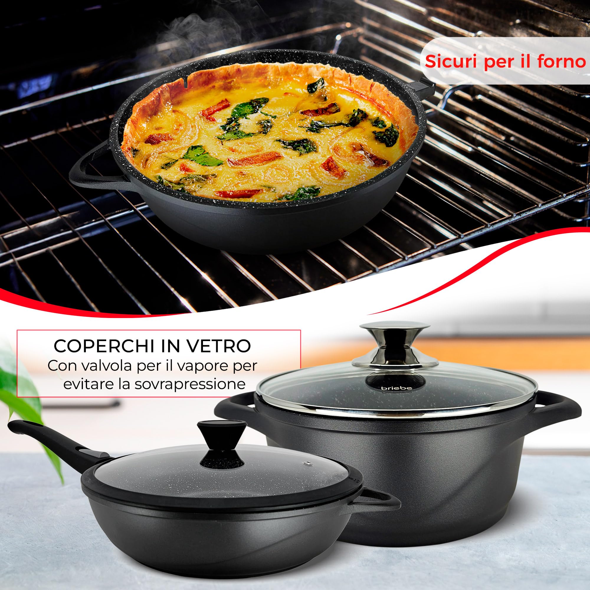 briebe Batteria da Cucina Induzione 10 Pezzi, set di 3 Pentole in Alluminio Fuso + 2 Padelle, Antiaderente ILAG GRANITEC senza PFOA, Coperchi in Vetro, Guanti in Silicone, Vetroceramica, Gas, Forno