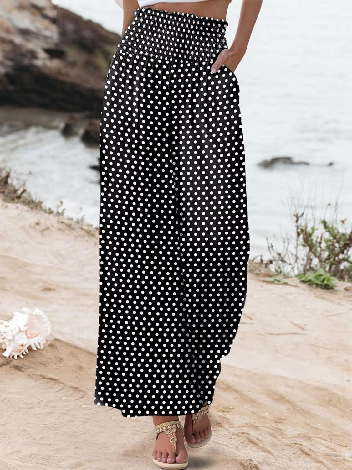 KISSMODA Women Palazzo Pants Summer Boho Bagyy Wide Leg High Smocked Waist Flowy Beach Casual Trousers with Pockets - Image 2