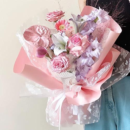 Miniatura 4 de JarThenaAMCS 50 hojas de papel de regalo floral de mariposa, papel de ramo de flores de panal rosa y blanco, papel de embalaje de floristería de