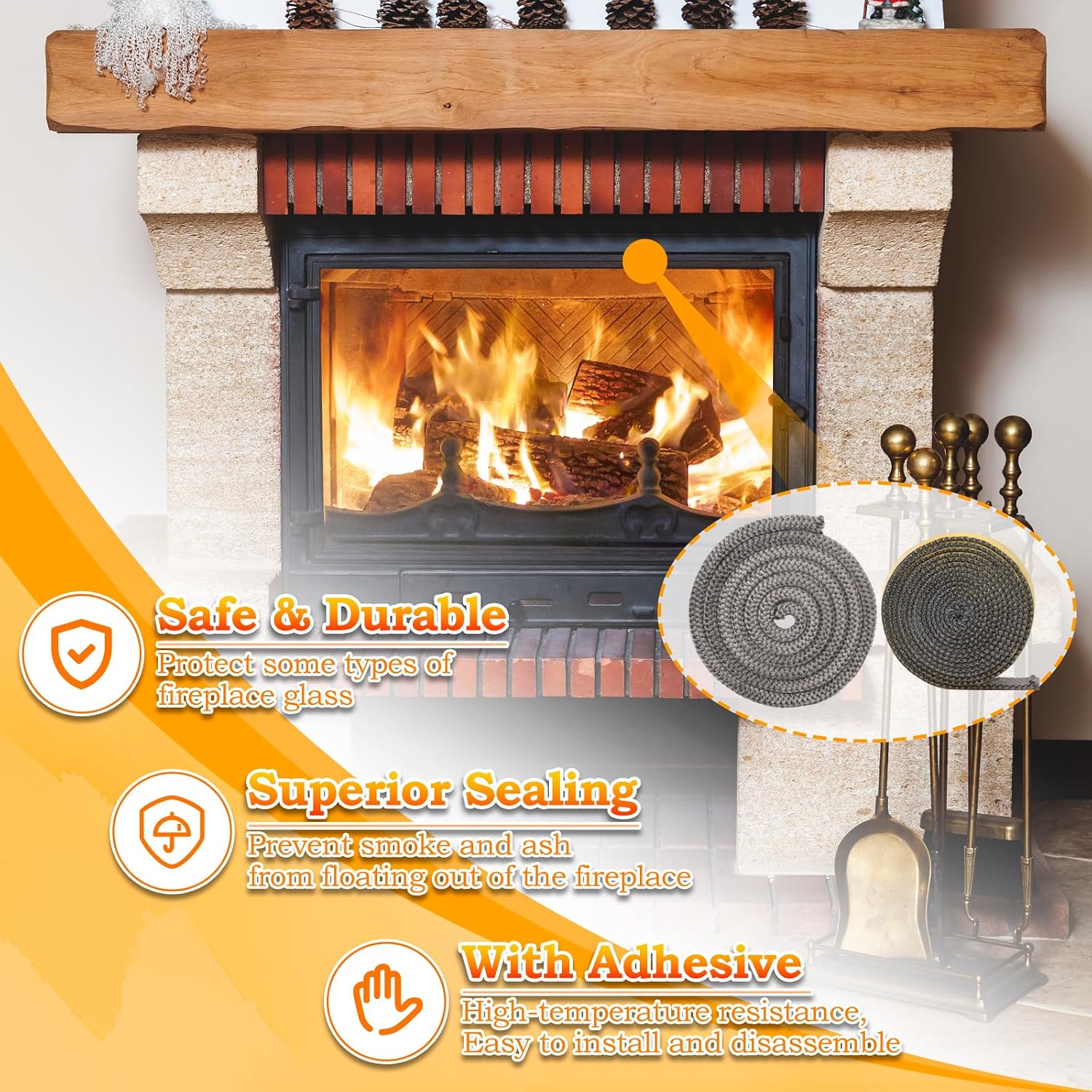Wood Stove Gasket,1" x 98" Wood Stove Door Gasket Rope Kit Self Adhesive Stove Flat Gasket for Stove or Fireplace Doors Wood Stove Flat Gasket Tape Replacement