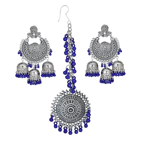 Oxidized Silver Navratri Wedding Bridal Earrings with Maang Tikka Combo for Women and Girls