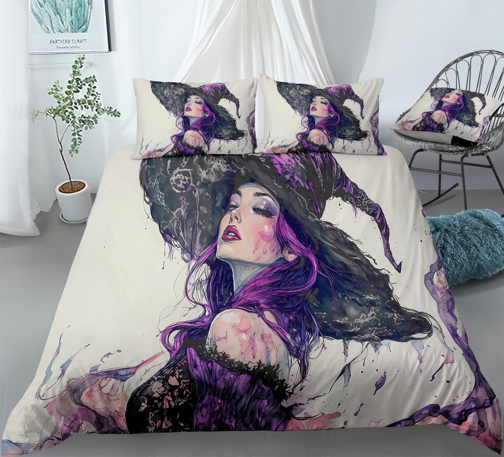 REALIN Classy Witch Themed Duvet Cover Set Mystic Witch Art Bedding Girl Boy Kids Bed Sets 3/4PCS Quilt Covers/Sheets/Pillow Shams,Twin/Full/Queen/King (A,Twin-172x218cm-4PCS)