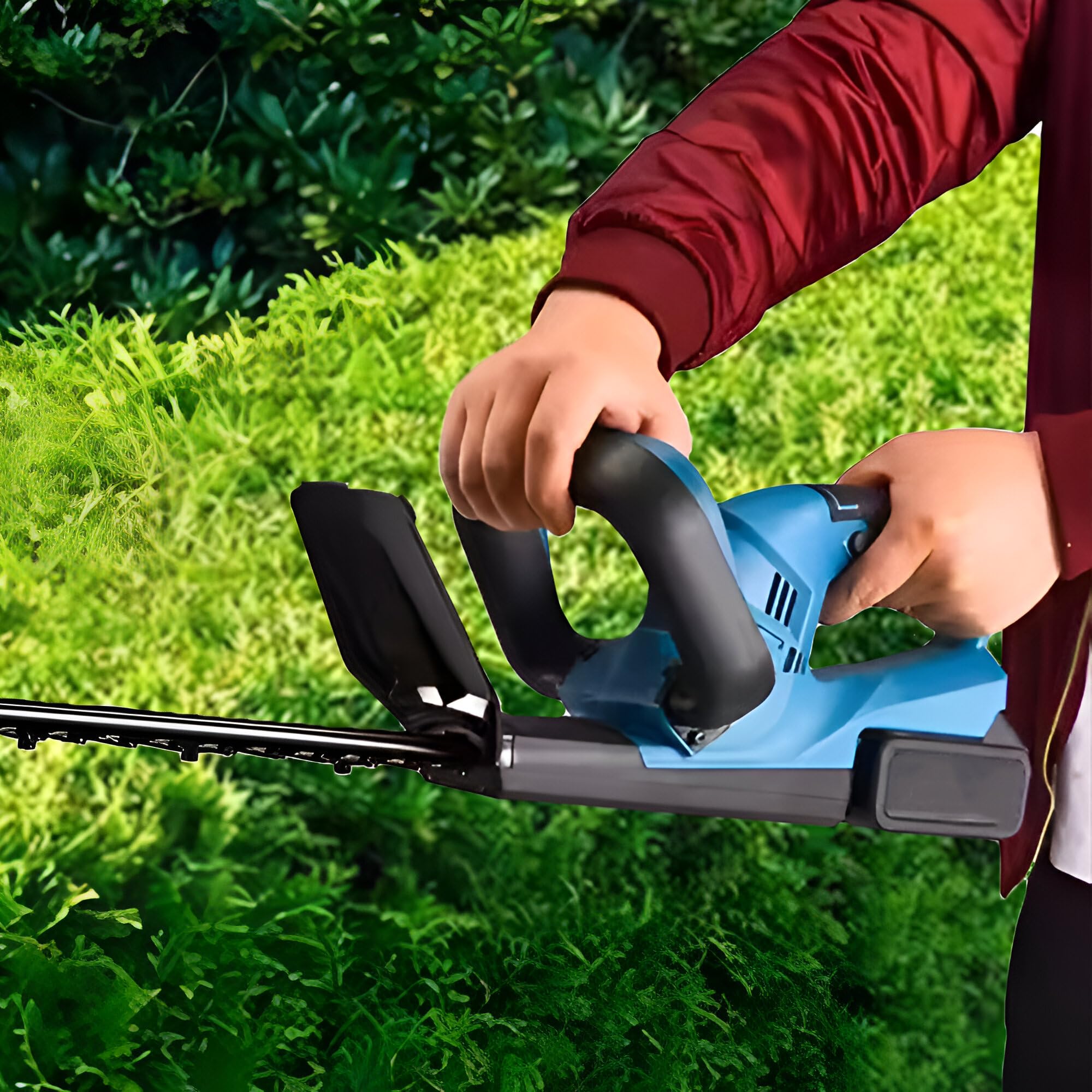 Cortasetos eléctrico con hoja de 52 cm y dos baterías de 48 V sin cables, cuchillas dobles largas, motor potente para setos y arbustos con accesorios