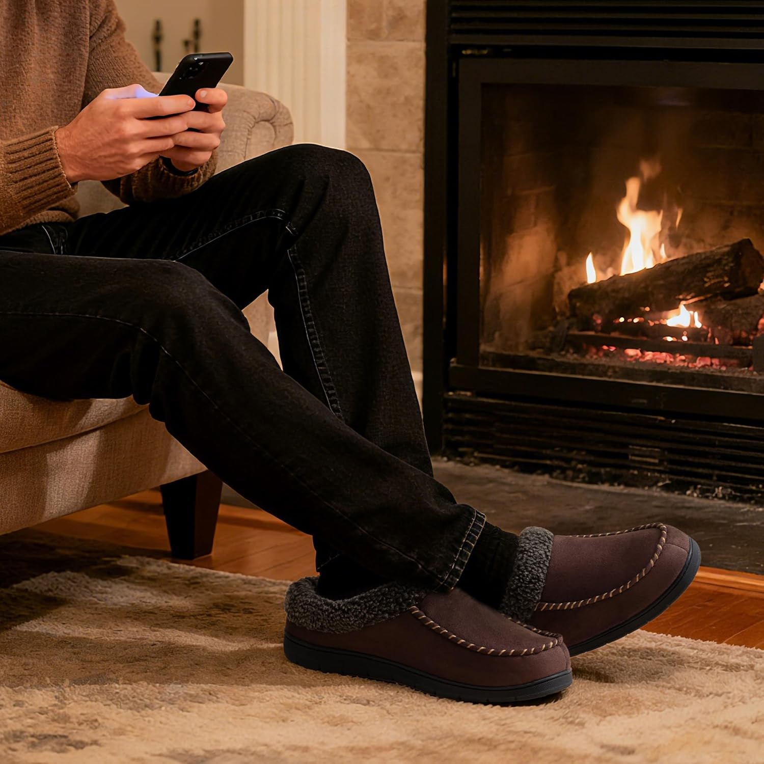 ULTRAIDEAS Men's Warm Fuzzy Moccasin Clog Slipper, Slip on Winter Comfy Indoor/Outdoor House Shoes - Image 3