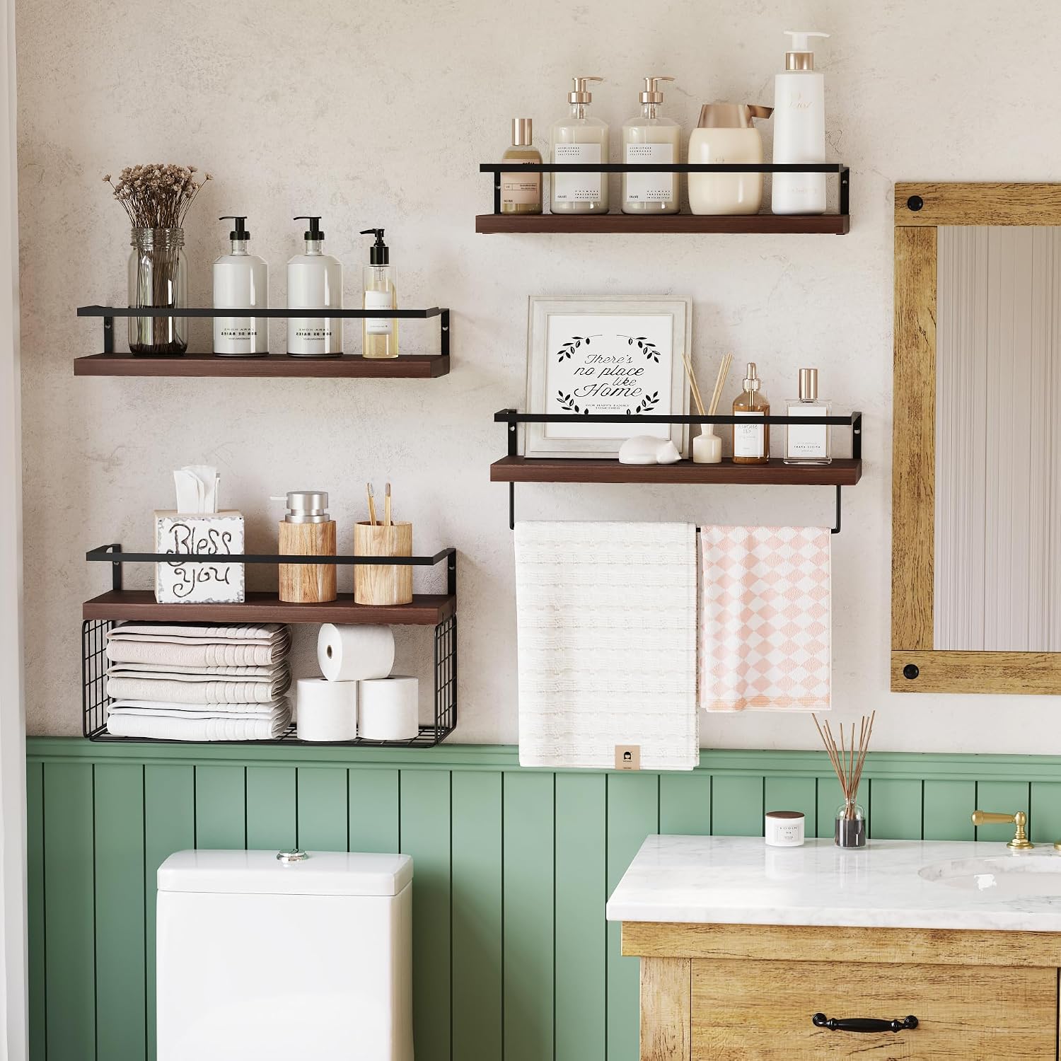 Bathroom Floating Shelves Wall Mounted - 4+1 Tier Rustic Wooden Bathroom Wall Shelves Over Toilet with Wire Storage Basket&Towel Bar, Floating Shelf for Bathroom, Kitchen, Bedroom,Dark Brown