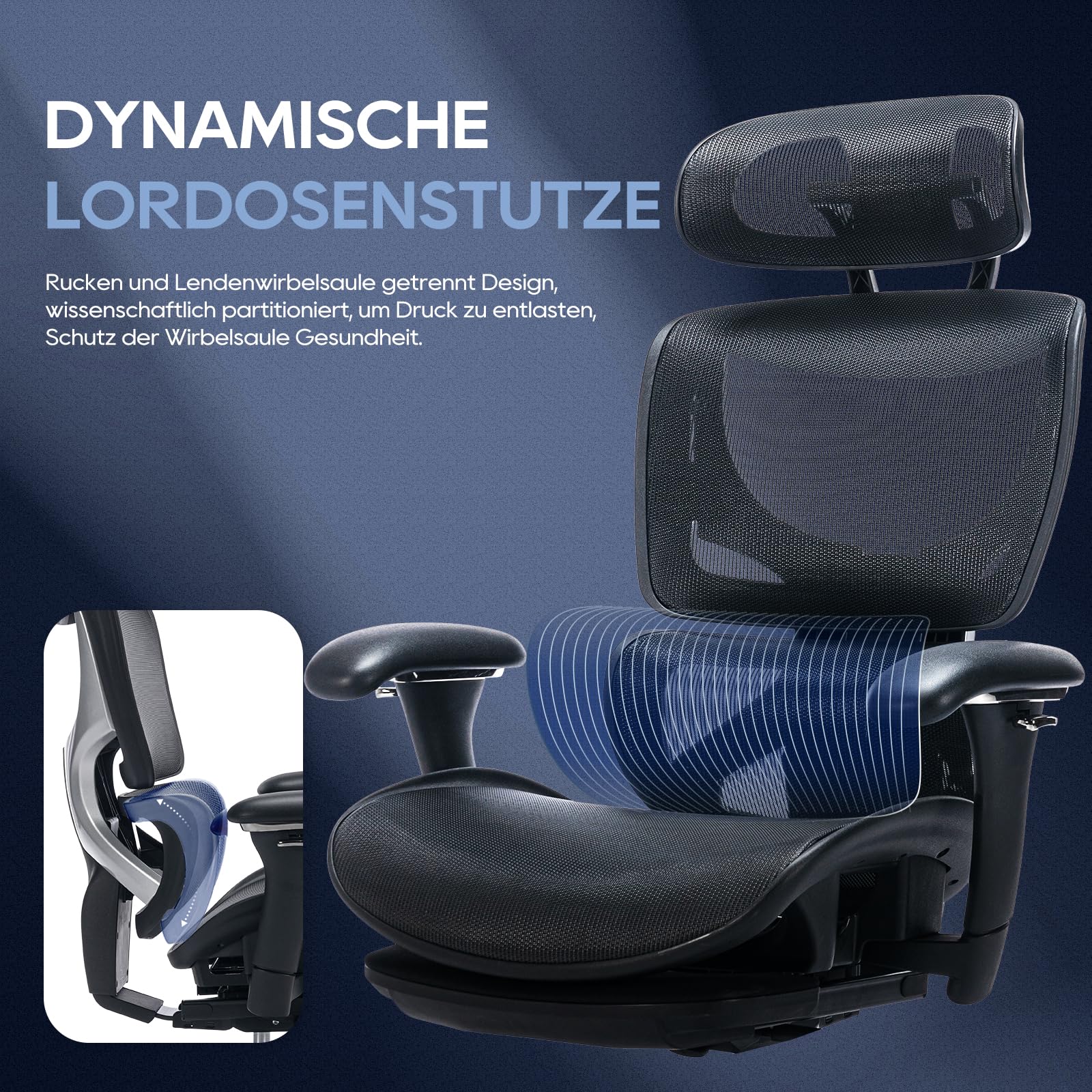 COLAMY Ergonomischer Bürostuhl mit Fußstütze – Chefsessel mit hoher Rückenlehne, Verstellbarer Kopfstütze & 3D-Armlehnen – Atmungsaktives Mesh, dynamische Lendenstütze, höhenverstellbar – Schwarz