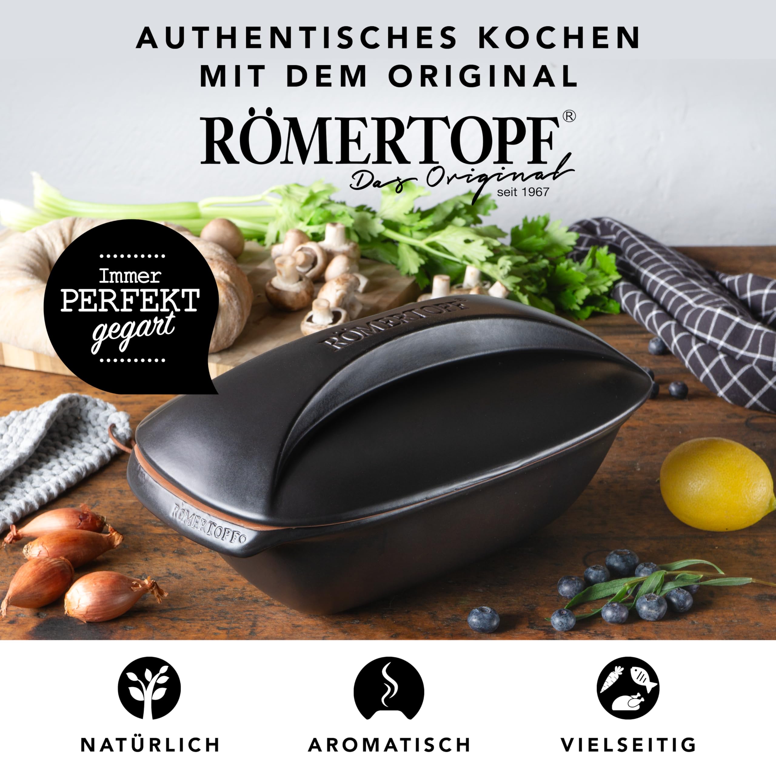 Römertopf CULINARIO Cocotte 3 L Noire – Cuisson Vapeur, Rôtissage, Mijotage Sain Pour 4 Personnes