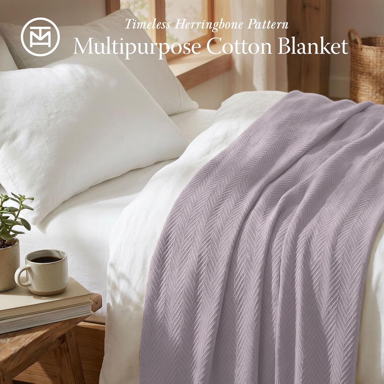 Threadmill Luxury Cotton Blankets for King Size Bed | All-Season Cozy 100% Cotton King Size Blanket | Herringbone Soft Fall Thermal Blanket fits California King Size Bed, 106x92 | Lilac