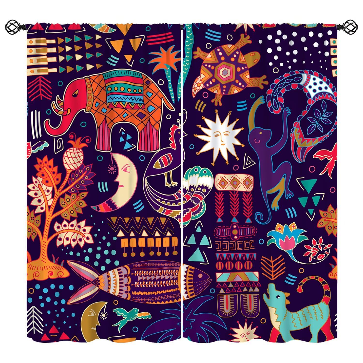 Moderw African Tropic Elements Curtain, Vintage Abstract African Animals Window Treatments Bohemian Geometric Elephants Traditional Blackout Window Curtain for Bedroom Living Room W63xL72in