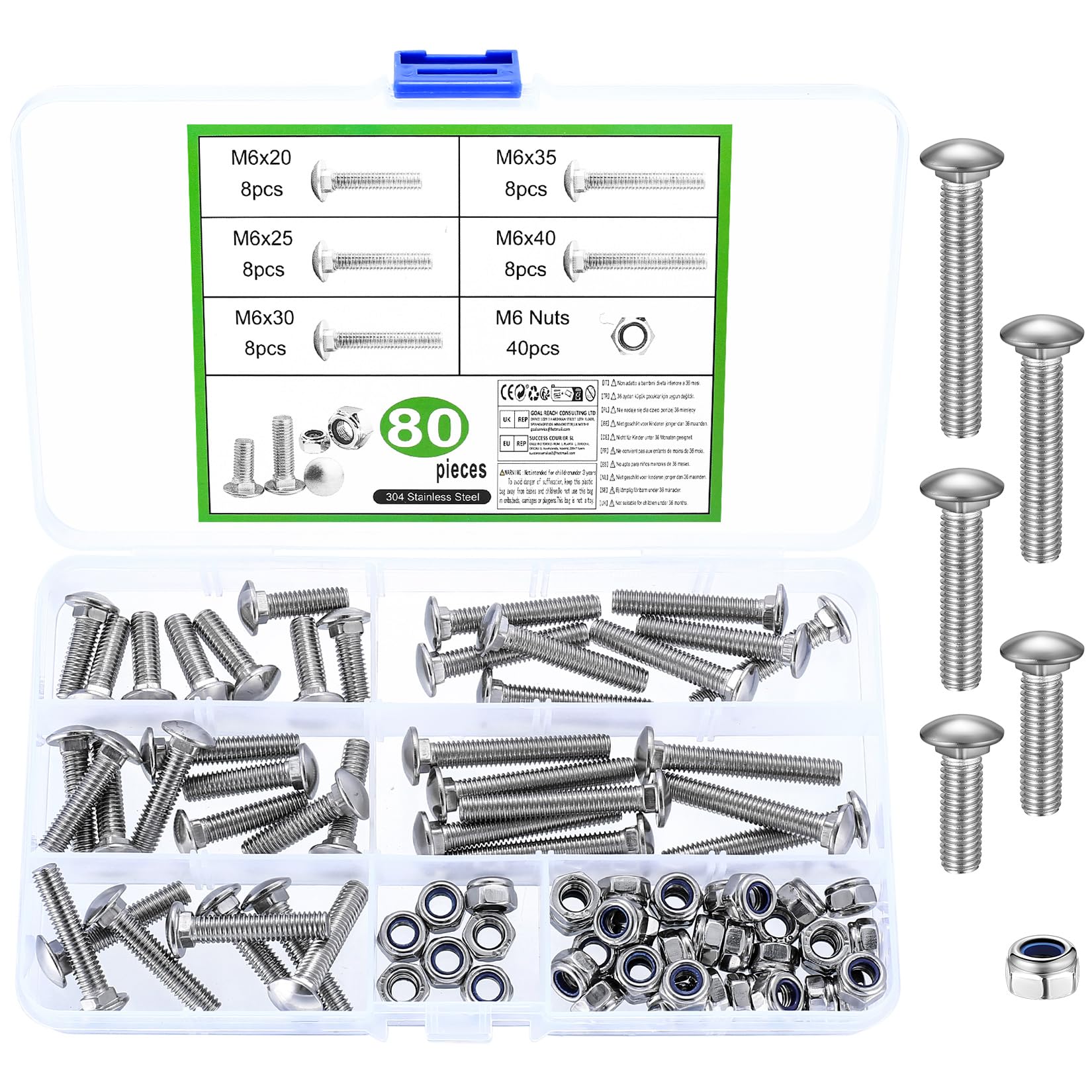 M6 Coach Bolts, 80 Pcs Cup Square Carriage Bolts and Nuts Set, Coach Screws with Hexagon Nuts