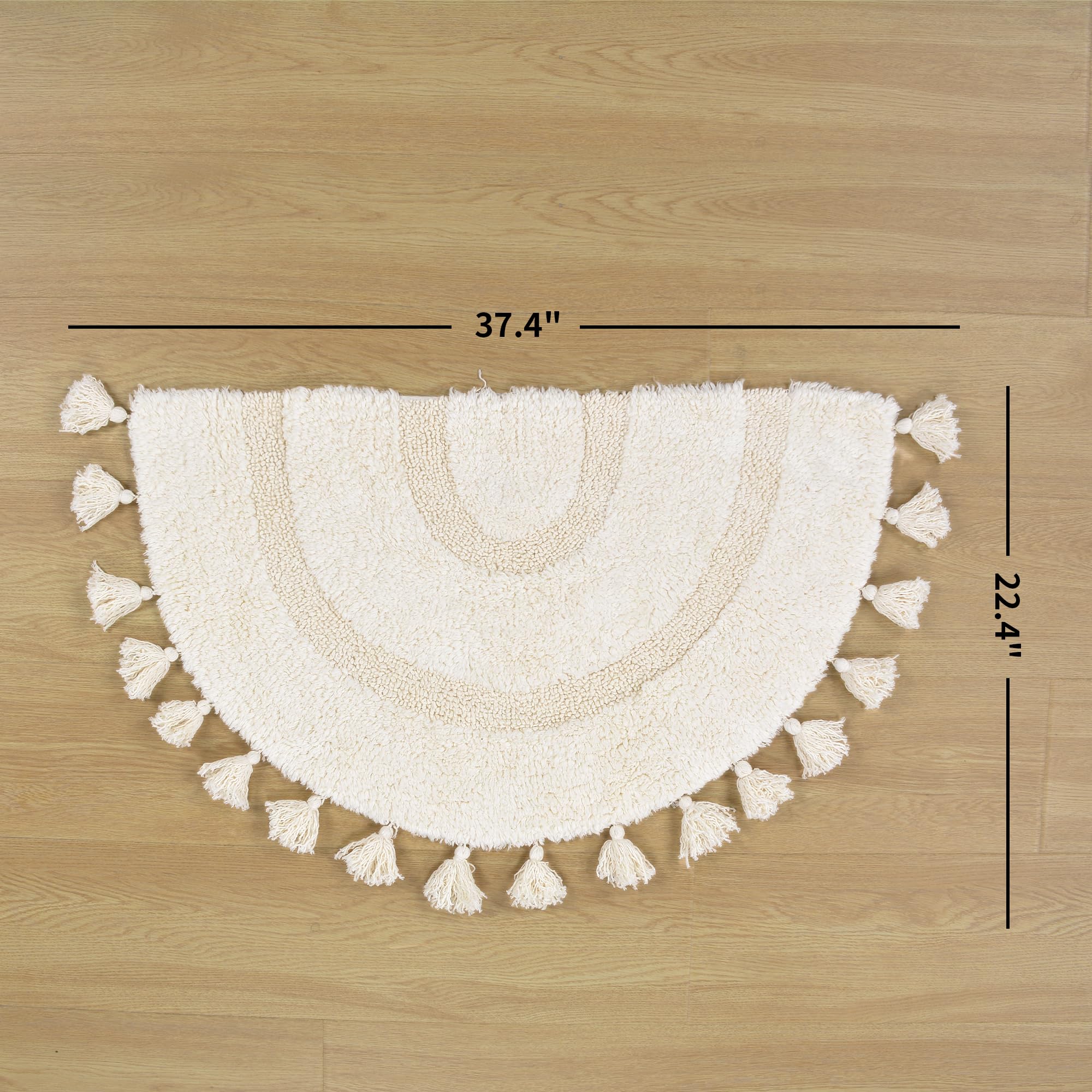 Tappeto da bagno Boho con nappe in cotone intrecciato a mano, tappetino da bagno a mezzo cerchio, tappeto da bagno lavabile in stile boho, per bagno, doccia, vasca (White)
