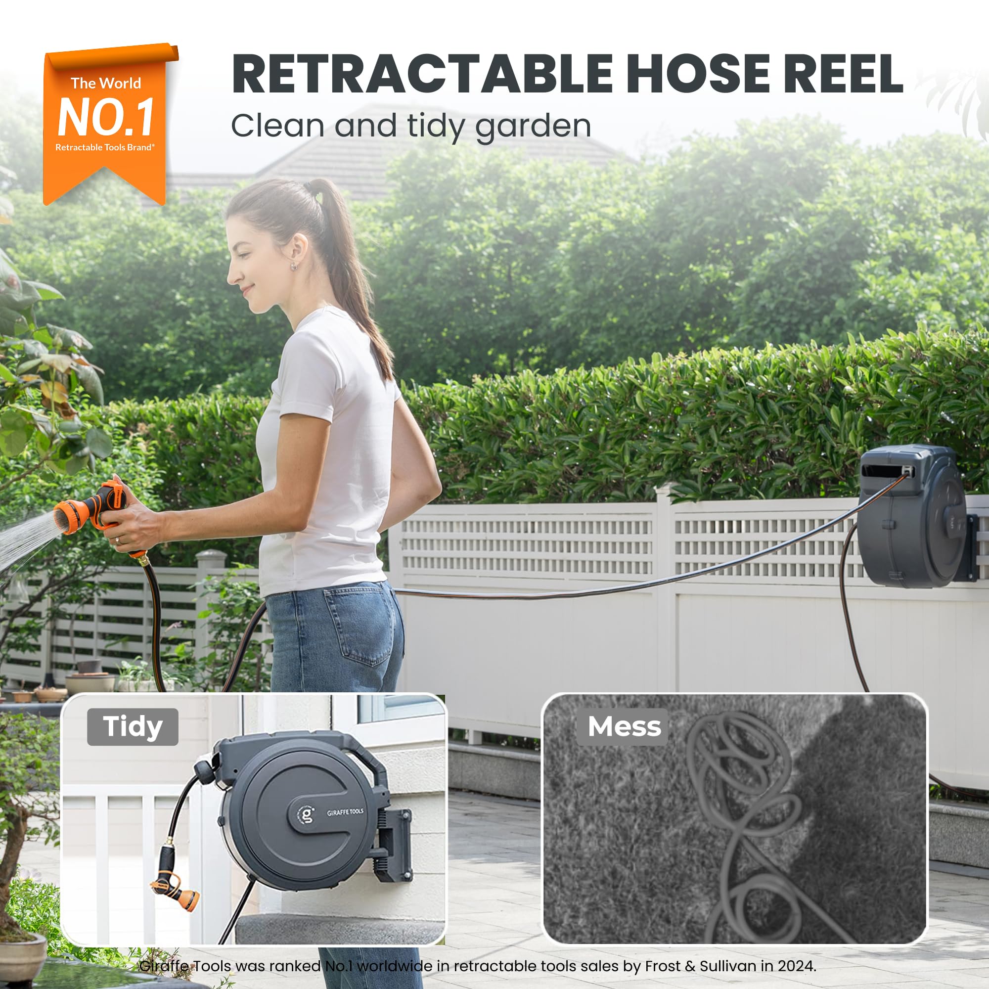 Giraffe Tools AW405/8MB Retractable Garden Hose Reel 5/8" x 90 ft PRO Metal Bracket, Heavy Duty, Any Length Lock Hose Reel, 90ft, Dark Grey