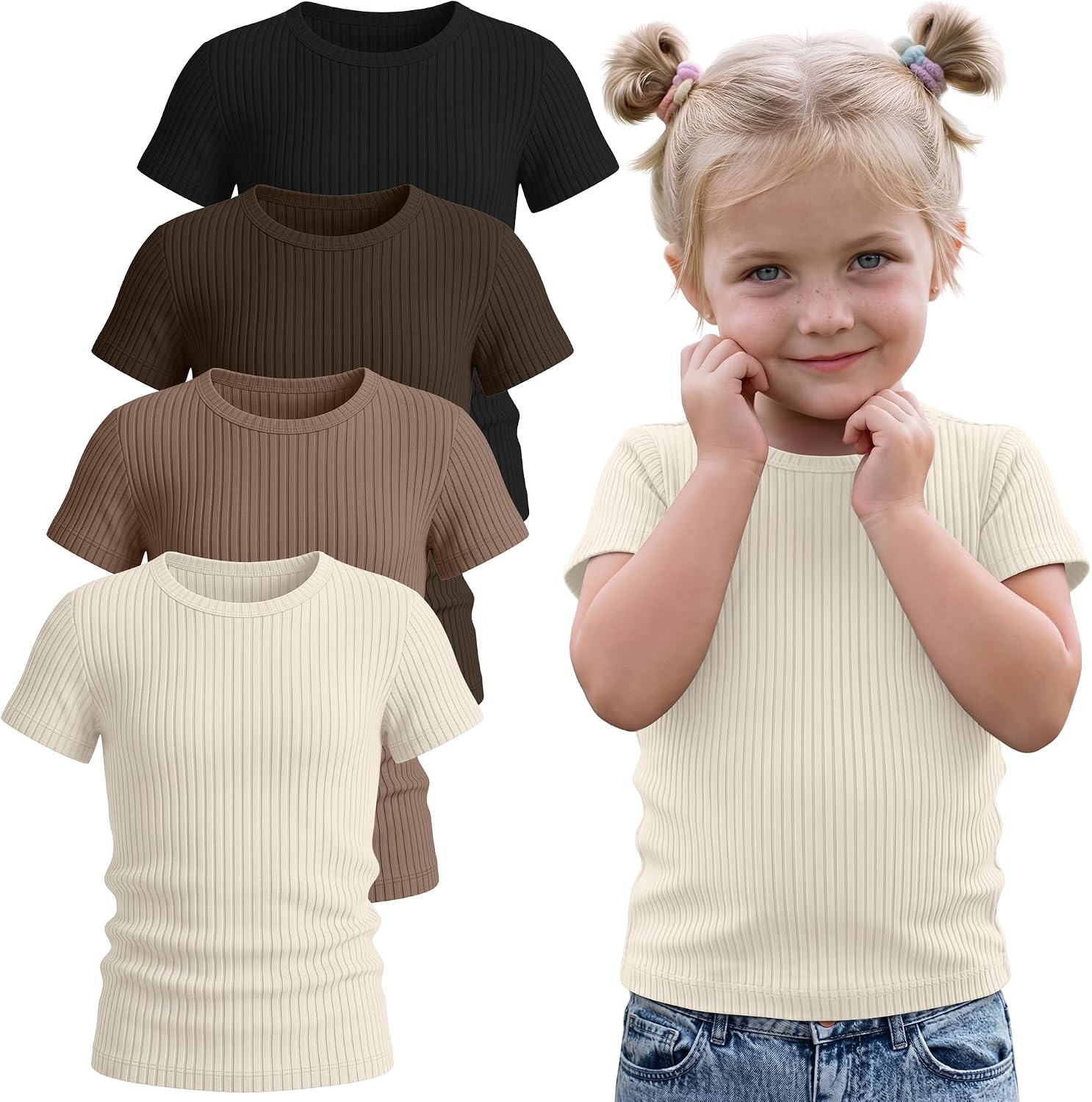 Yooo's Vivi 4 Pack Toddler Girls Short Sleeve Shirts Cotton Ribbed Basic Tops Crewneck Baby Knit Summer Tees 18m-5t