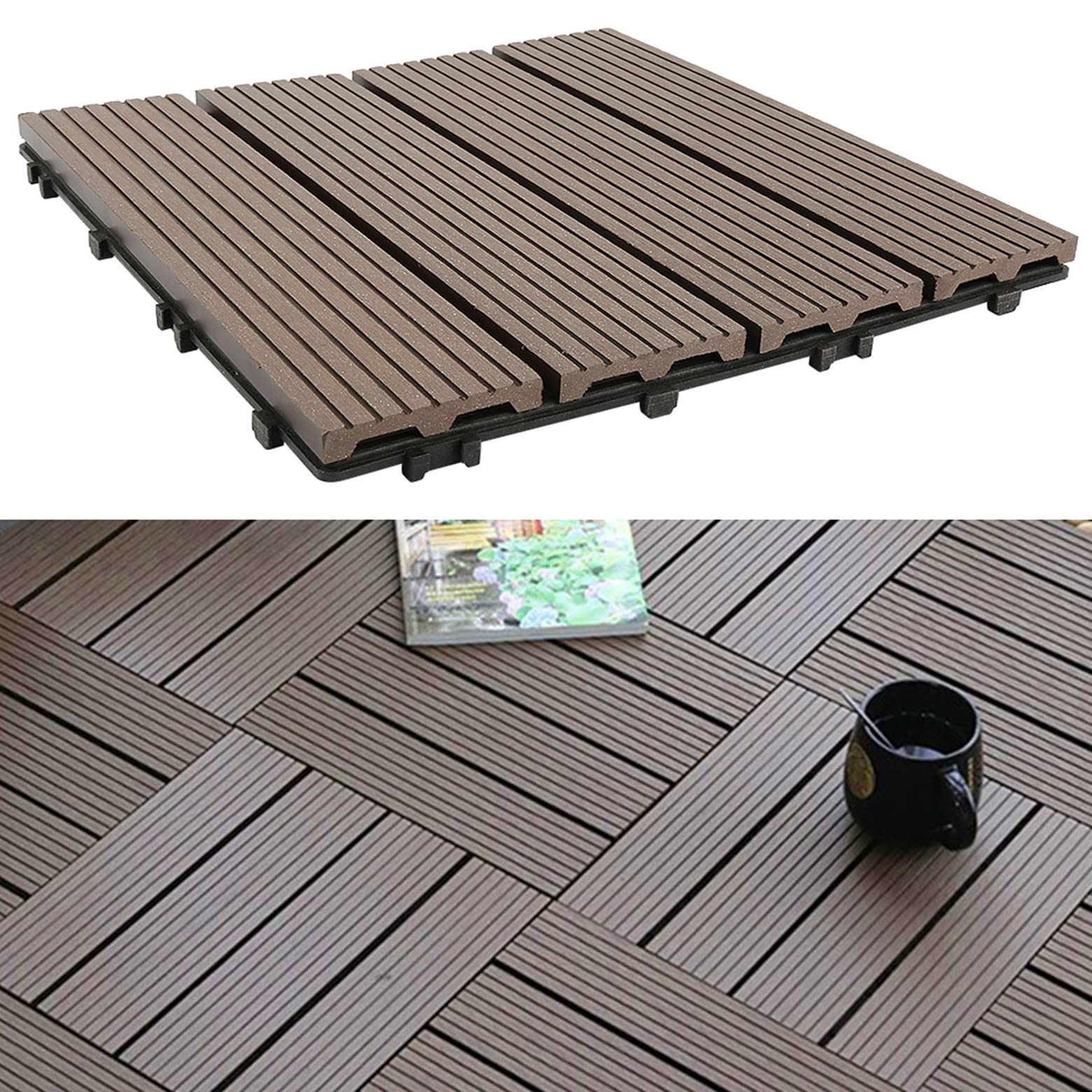 WPC Carrelage en Plastique Composite Revêtement de sol Extérieur Dalles en Bois-plastique Extérieur Caillebotis Système Plug-in pour Terrasse Jardin Balcon (11 pièces-30 * 30cm (marron))