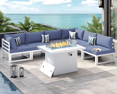 Miniatura 859 de NICESOUL 7 Piece White Powder-Coated Aluminum Patio Furniture with Fire Pit Table, 29 Inch Extra Wide Outdoor Sectional Sofa for 6, High-End Heavy
