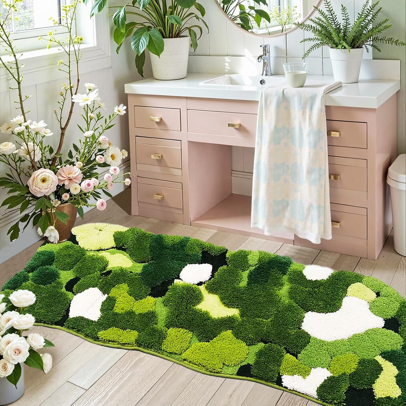 Cute Green Moss Bathroom Runner Rug Long Rectangular Boho Aesthetic Leaf Leaves Bath Mat Shaggy Non Slip Absorbent Shower Mat Decor