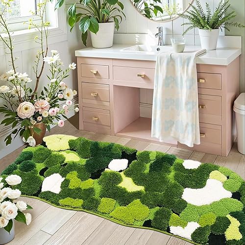 Hifuwan Cute Green Moss Bathroom Runner Rugs 24 x 60 Inch, Extra Large Boho Aesthetic Leaves Bath Mats Shaggy Non Slip Absorbent Shower Mat for Kitchen Bedroom Sinks Cottagecore Decor - 2' x 5' (Rectangular) - Green Moss