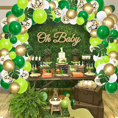Miniatura 5 de RUBFAC Kit de arco de guirnalda de globos de safari en la selva, globos de confeti verde y dorado blanco con hojas de palma tropicales artificiales