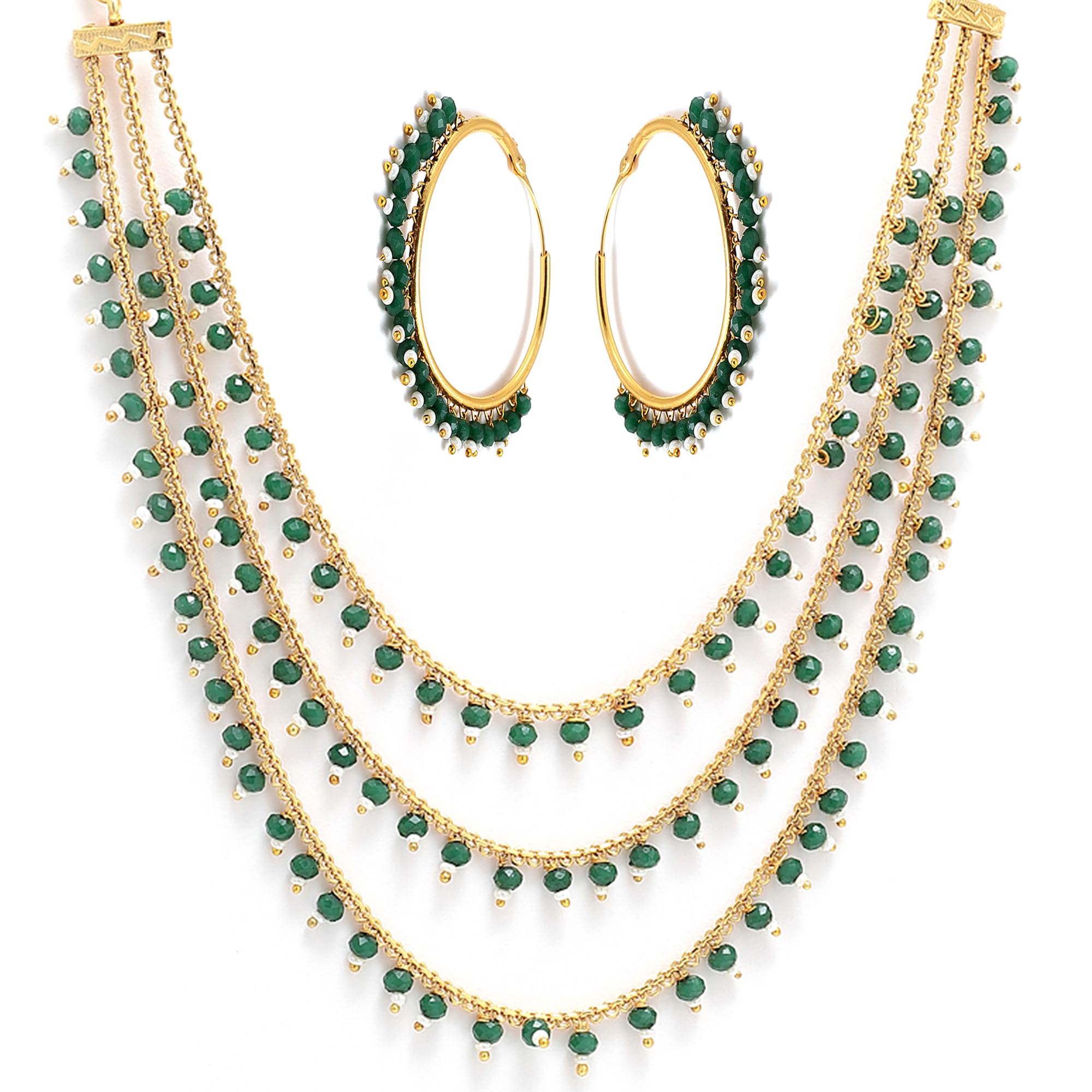 ZENEMEThree Layer Multi Colored Pearl Gold Plated Multi-Strand Traditional Necklace Earrings Jewellery Set for Women Girls