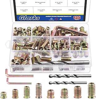 Glarks 134Pcs 1/4"-20 5/16"-18 Furniture Screw in Nut Threaded Inserts Assortment Kit, 10/12/15/20/25mm Wood Inserts Bolt Fastener Connector Hex Socket Drive with Twist Drill and Hex Wrench Set