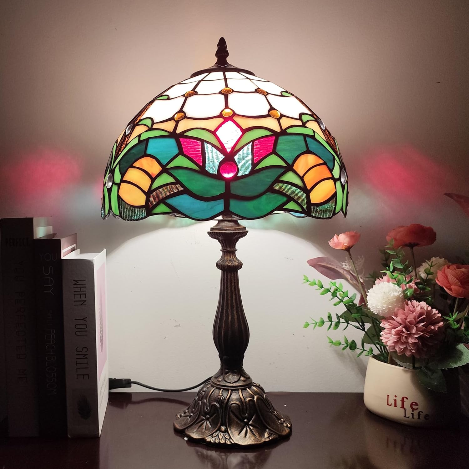 Tiffany Table Lamp Green Flowers Style Stained Glass Desk Light 12 Inch Tiffany Style Bedside Lamp with LED Bulb for Bedroom Living Room Office Decor