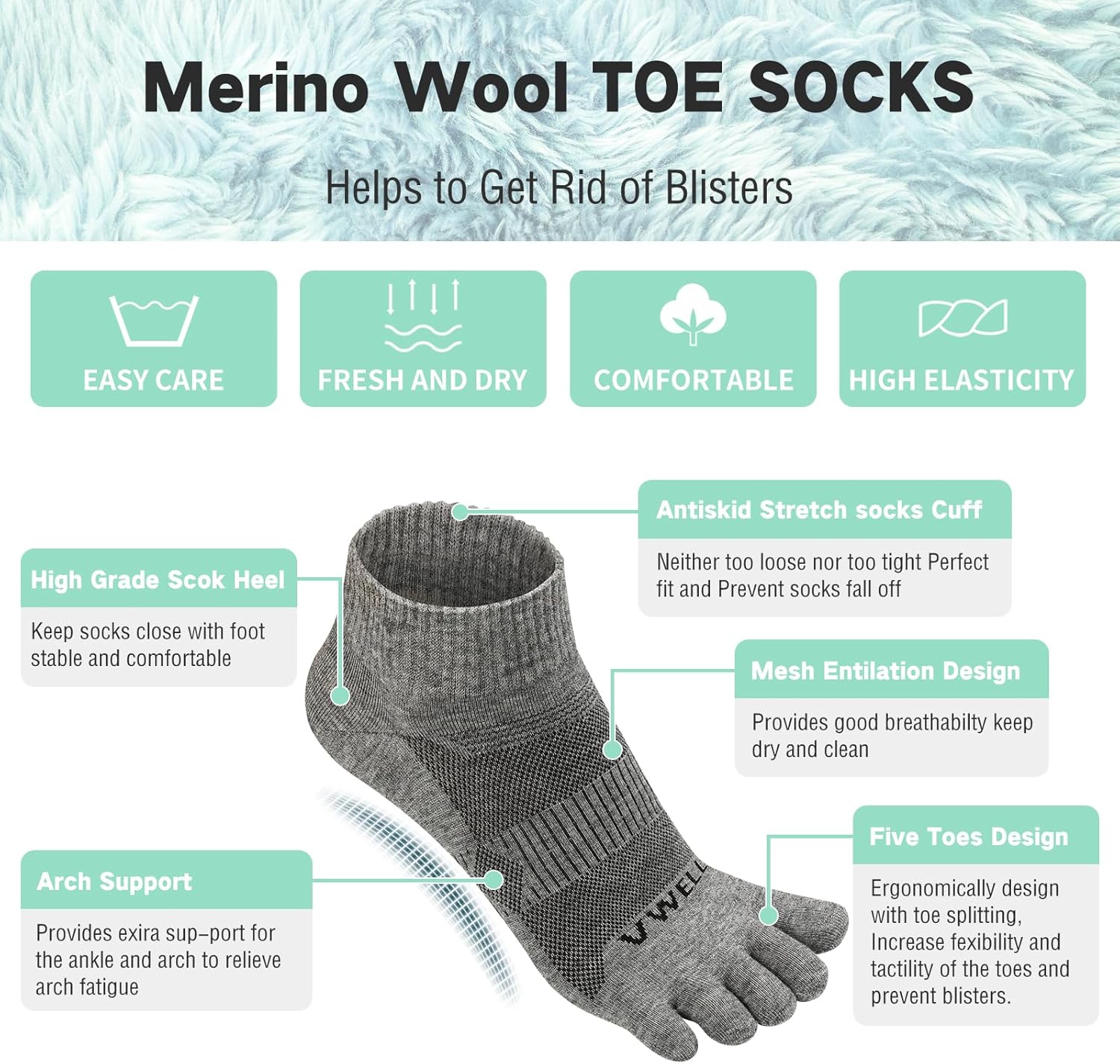 VWELL Merino Wool Toe Socks for Men and Women, Moisture Wicking Ankle Five Finger socks Athletic Running (3Pairs) - Image 3