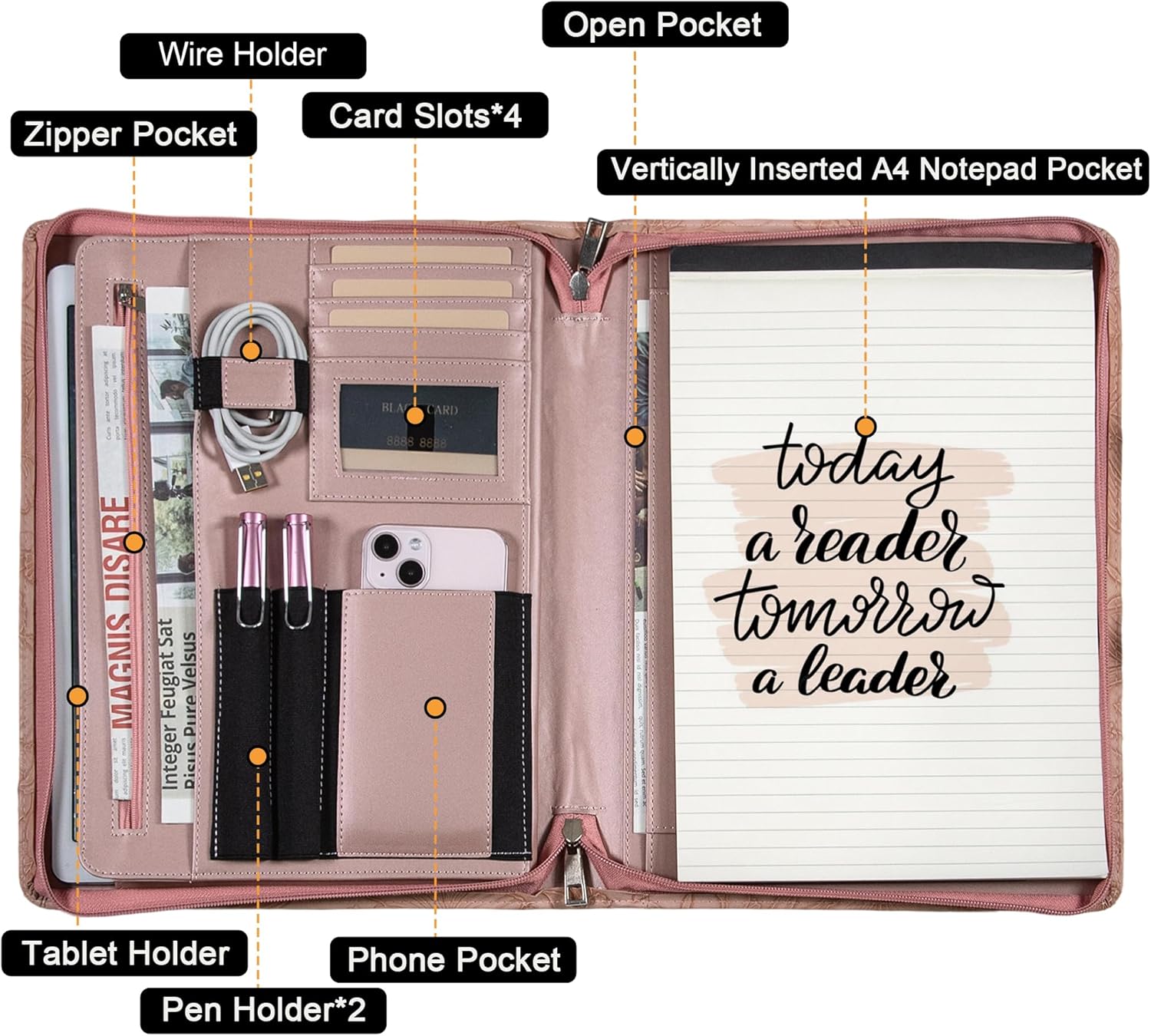 Generic Zippered Leather Padfolio Portfolio with Hidden Handle and Clipboard, Business Conference Organizer Notepad Folder, Portfolio Bag, Padfolio for Women/Men (Pink)