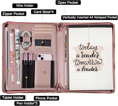 Generic Zippered Leather Padfolio Portfolio with Hidden Handle and Clipboard, Business Conference Organizer Notepad Folder, Portfolio Bag, Padfolio for Women/Men (Pink)