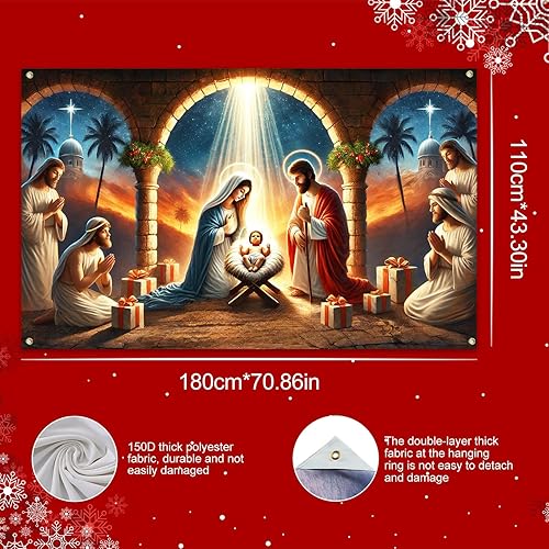 Miniatura 5 de Pancarta de Navidad de 71 x 43 pulgadas, telón de fondo con pesebre Jesús María y José para iglesia, hogar, fiesta religiosa, decoración de pared