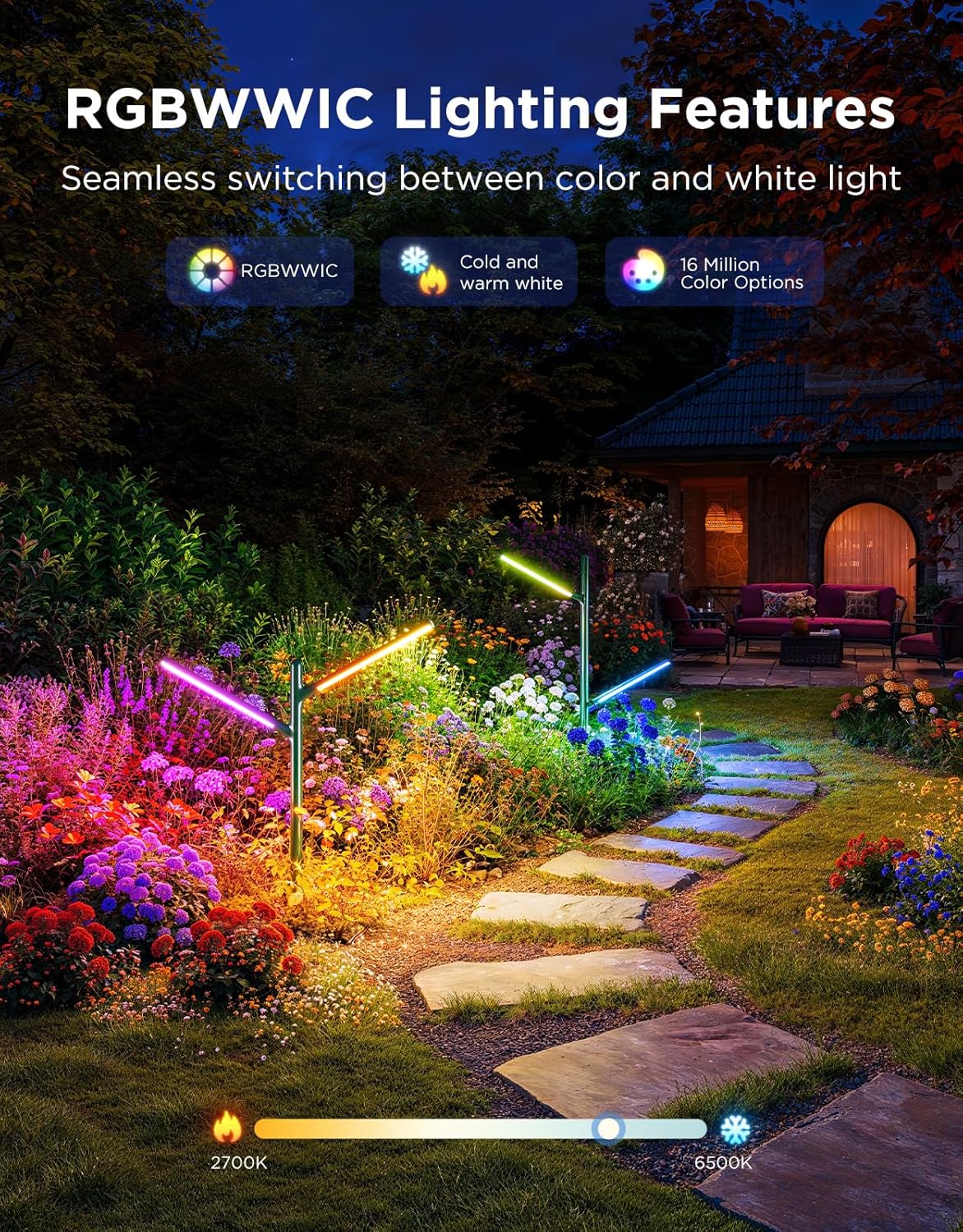 Govee Outdoor Garden Lights 2 Pack, RGBWWIC Smart LED Pathway Lights for Landscape Lighting, 16 Million Colors and 64 Scenes, IP66 Waterproof for Outdoor Patio, Compatible with Alexa, Matter - Image 2