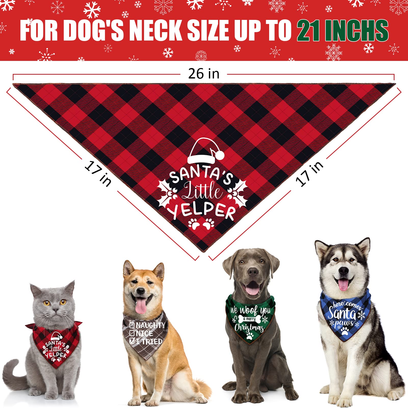 4 Pack Christmas Dog Scarves - Plaid Triangle Bandanas for Small to Large Dogs and Cats - Holiday Pet Accessories Gift Set