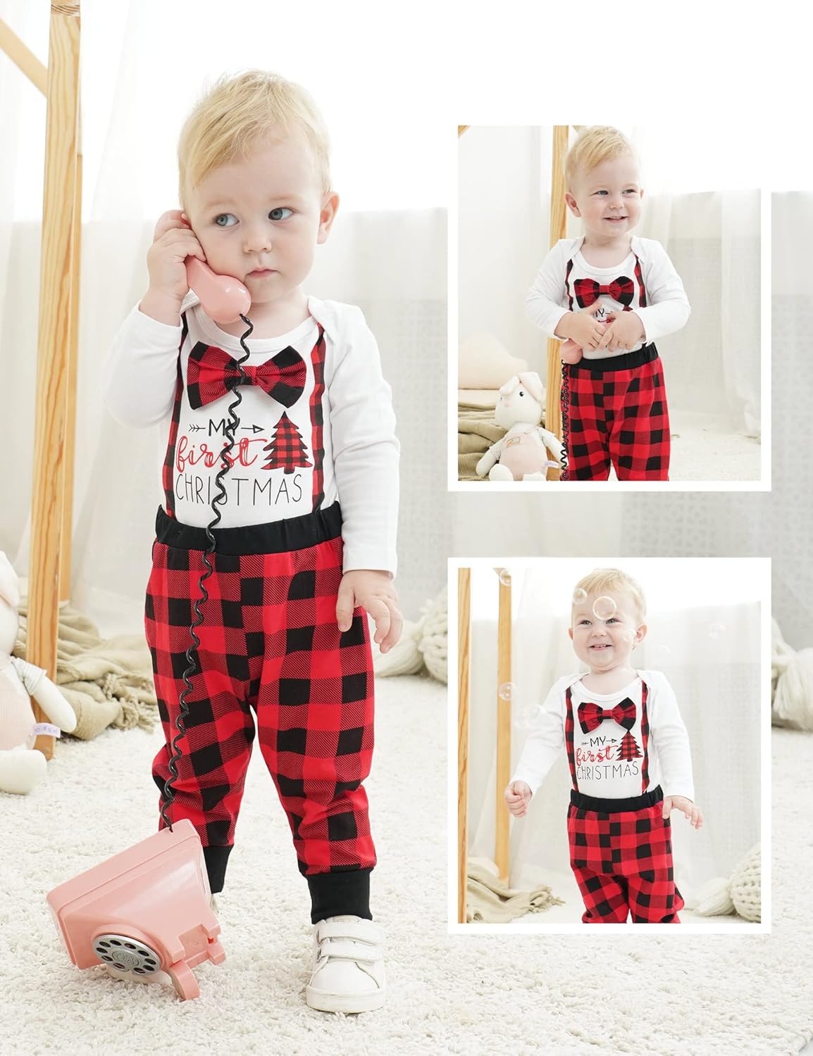 Infant Baby Boy Christmas Outfit My First Christmas Gentleman Romper Red Plaid Pants with Hat Clothes Sets - Image 2