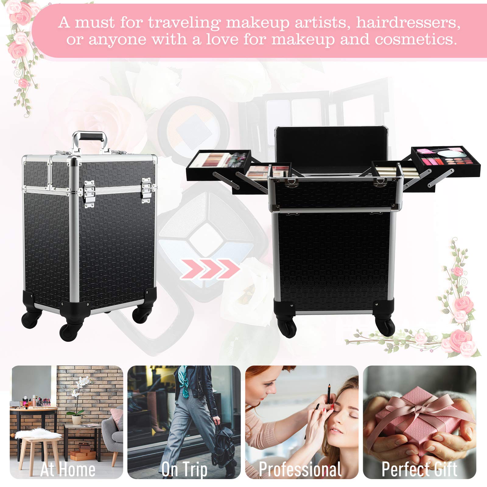 HOMCOM Valigia Trolley Trolley Trucco Valigetta cosmetica Vanity manico telescopico regolabile 34L x 24L x 52H cm alluminio. nero